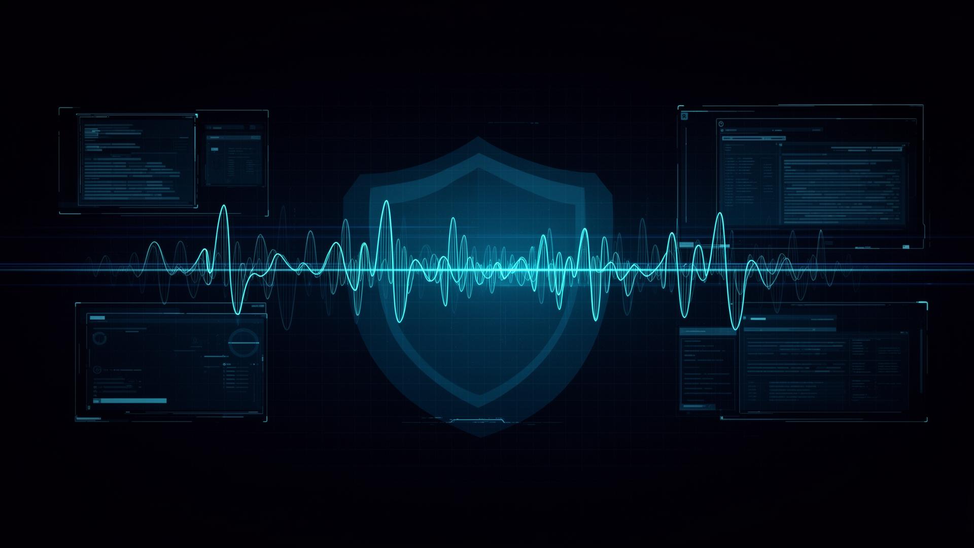 Blue team SOC dashboards with shield and waveform — abstract cyber illustration