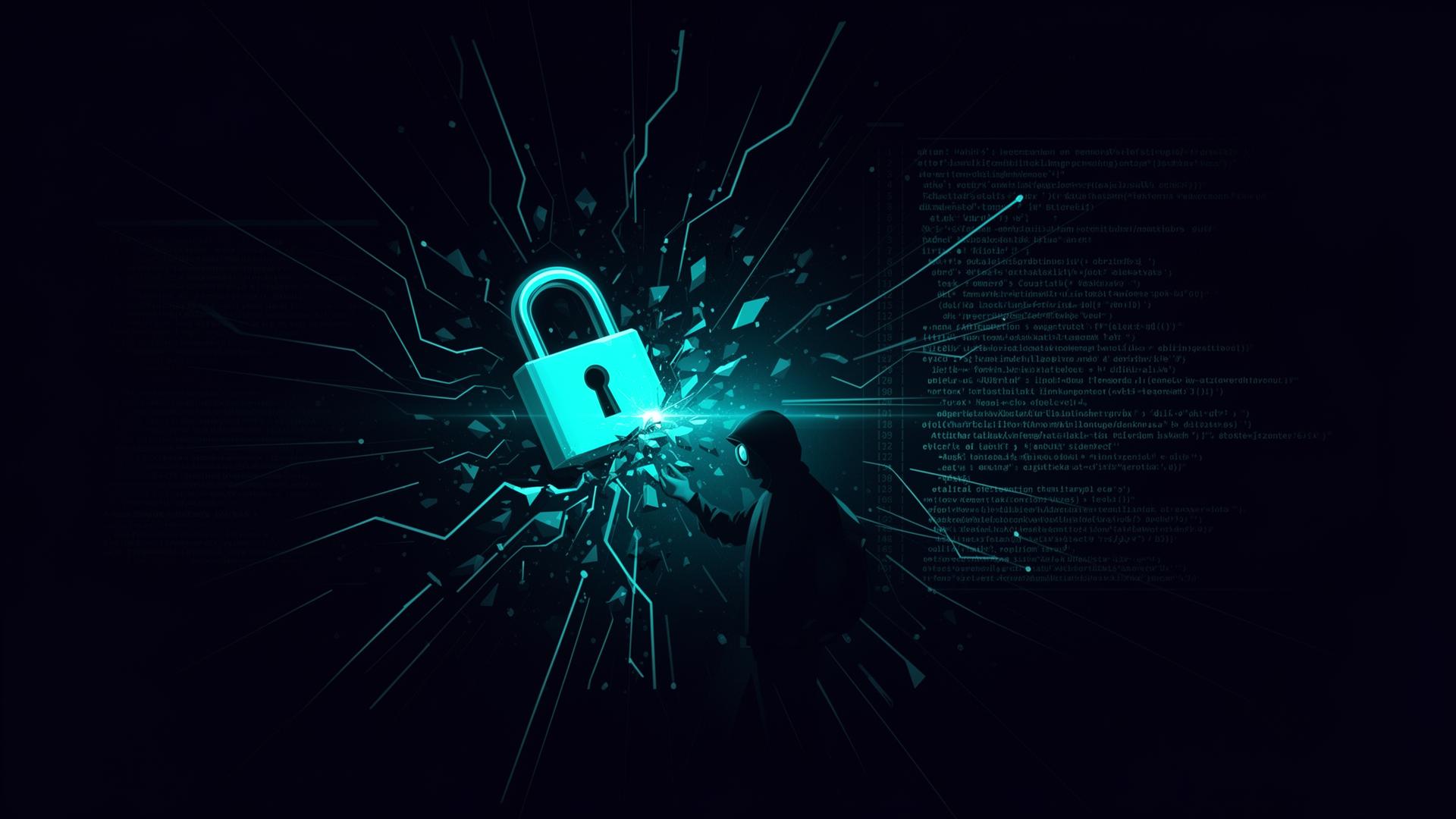 Penetration testing — padlock breaking open with attack vectors