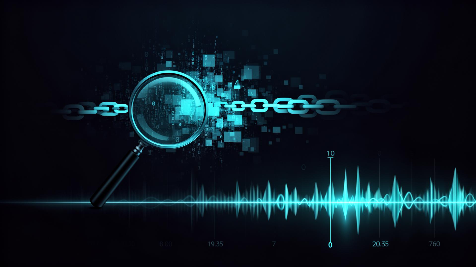 DFIR — magnifying glass over digital evidence and timeline waveform