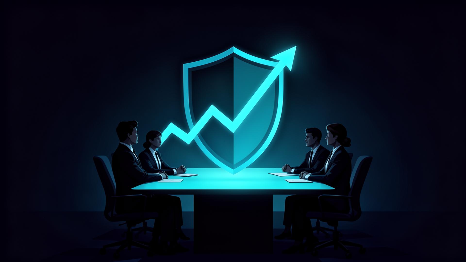 Executive cybersecurity briefing — boardroom with shield and ascending chart