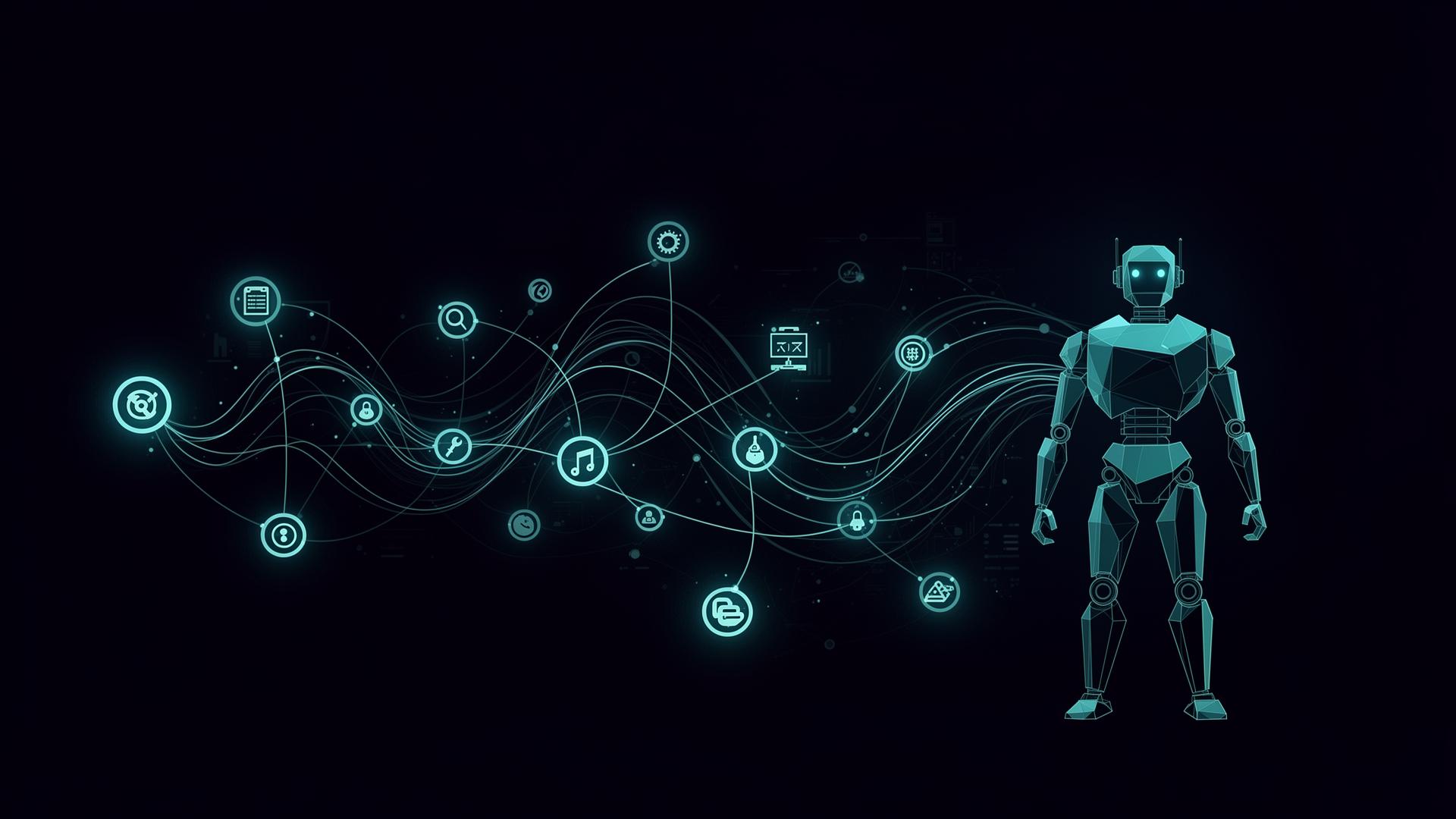 AI agents — robot connected to tool icons via data streams
