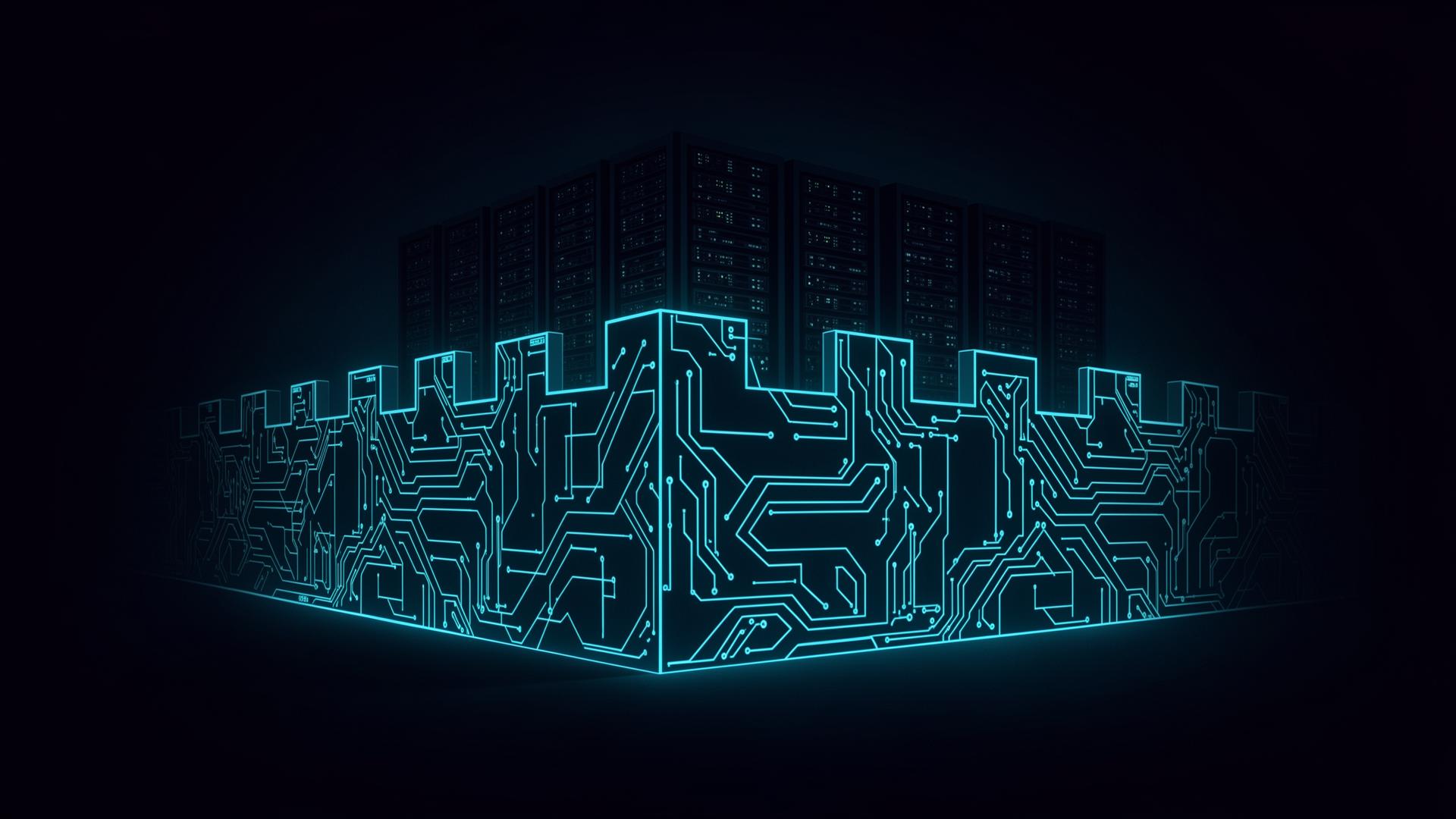 System hardening — fortified circuit-board wall protecting server racks